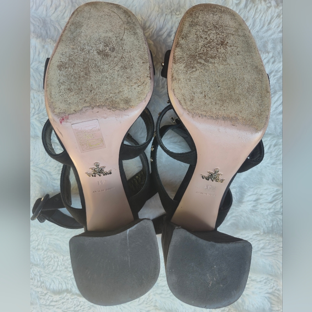 Prada Black Suede Multi-Strap Heels with Crystal Flower Accents - Picture 5 of 11